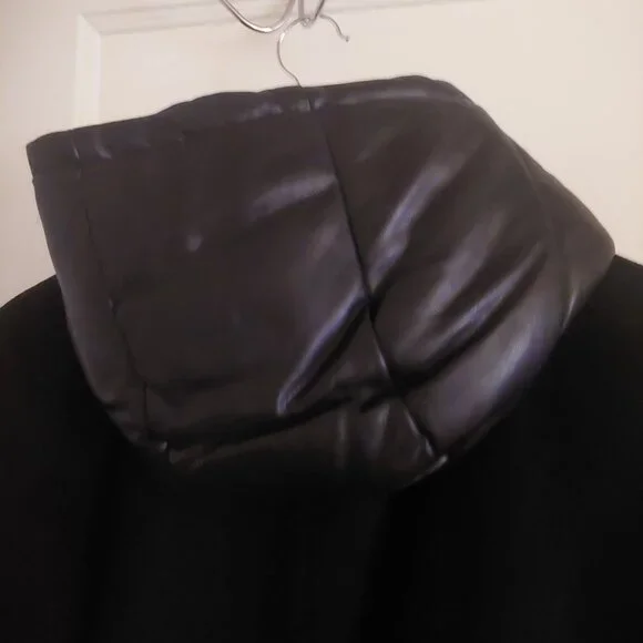 NWT DKNY Black Wool Faux Leather Hooded Bibbed Mixed-Media Blazer Coat XL - Picture 6 of 8